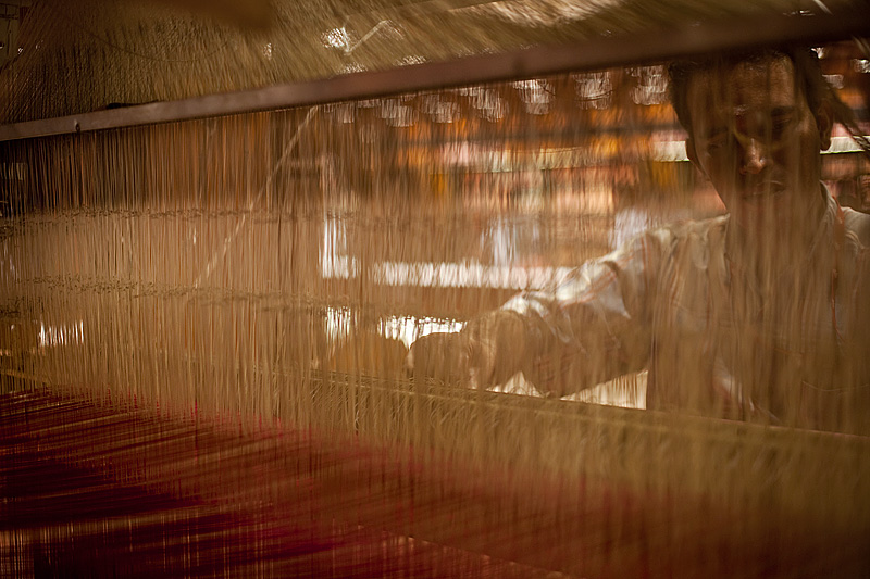 A saree weaver is seen through the silk strings of a handloom.  - Tirunelveli, Tamil Nadu, India - Daily Travel Photos