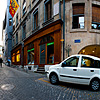 Stony Center Photo: A user-controlled panorama of a series of narrow cobblestone streets in the center of the historic old city of Geneva.