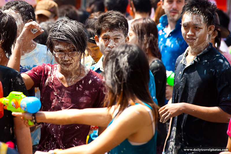 Thai Crowd Caked In Talcum Powder Paste During Songkran Thai New Year Water Festival - Bangkok, Thailand - Daily Travel Photos