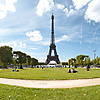 Eiffel Tower Panorama Photo: A user-controlled 360° panorama of the grassy park at the base of the Eiffel Tour.